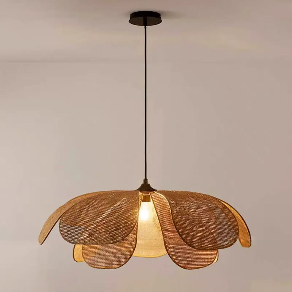 Suspension luminaire salon salle a manger petale rotin