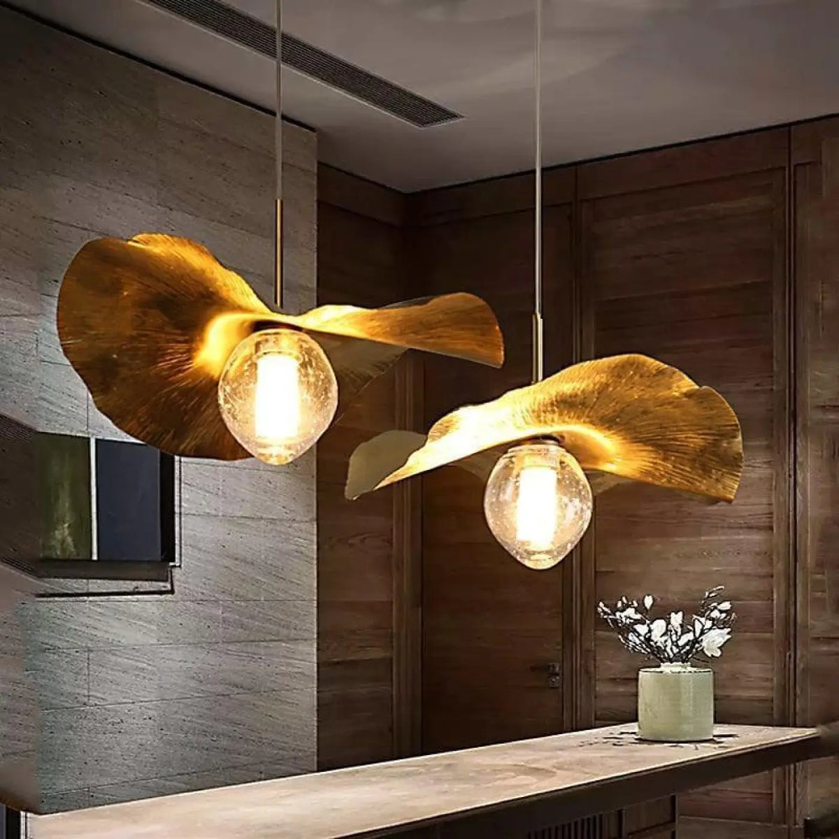 Suspension luminaire alu dore feuille salle a manger
