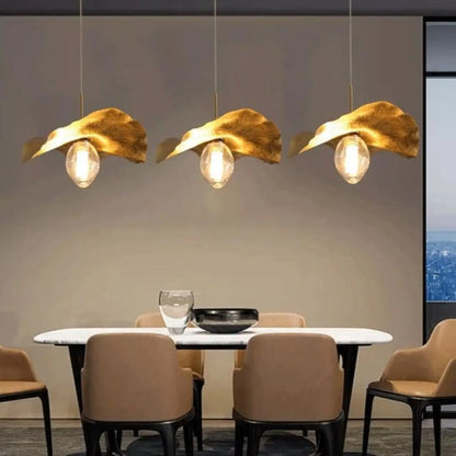 Suspension luminaire alu dore feuille salle a manger