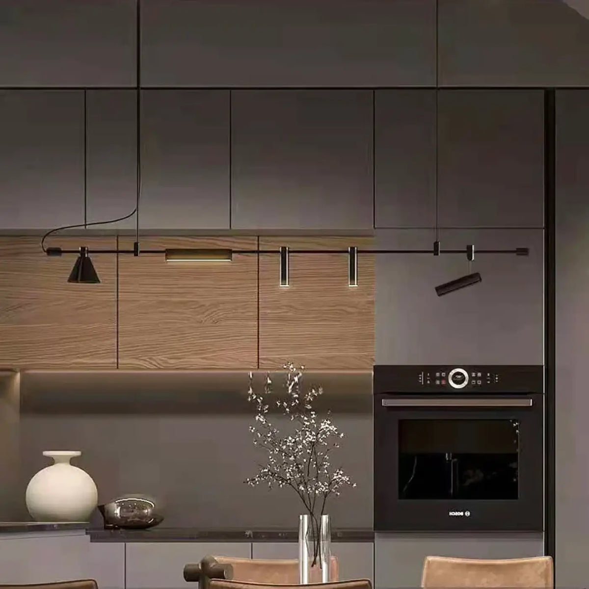 Suspension luminaire cuisine rail noir design