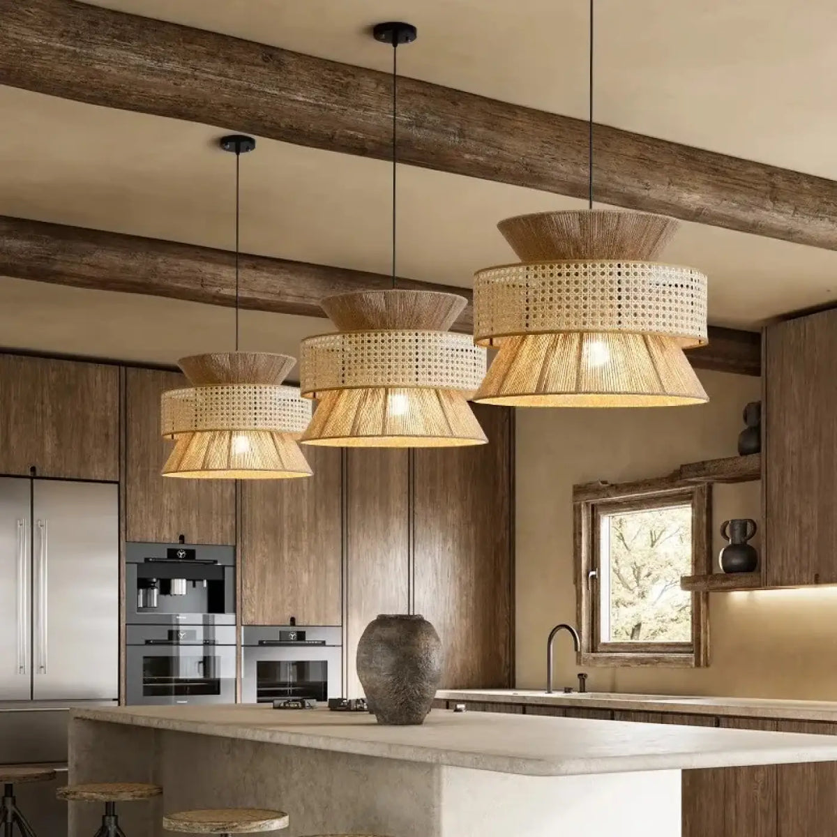 Suspension luminaire cuisine rotin naturel design