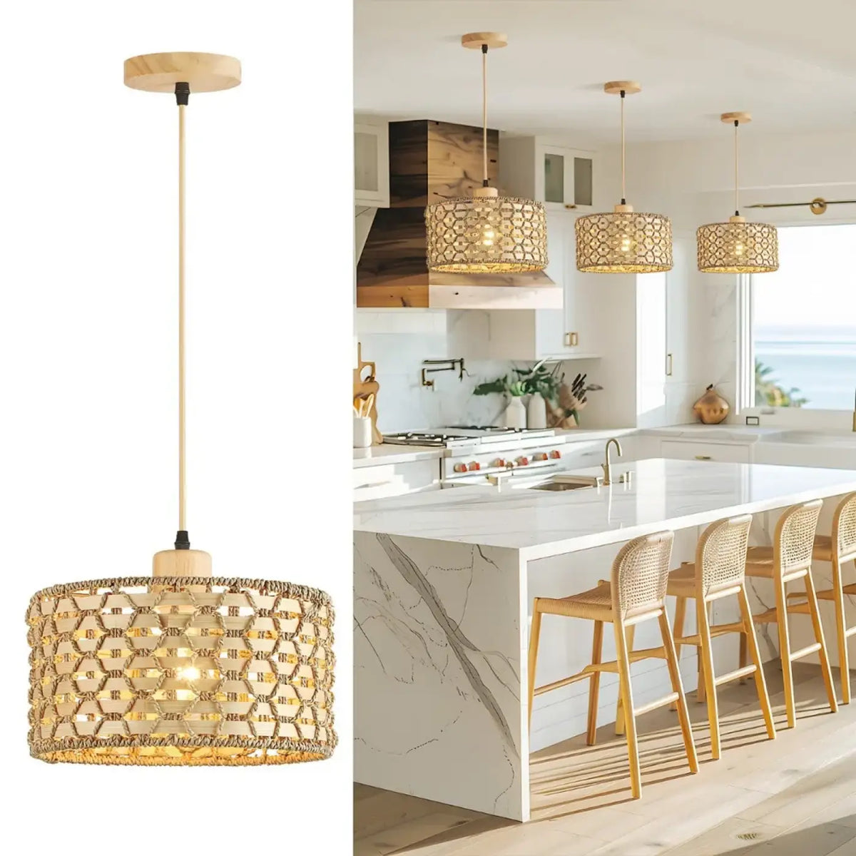 Suspension luminaire cuisine salle a manger rotin boheme
