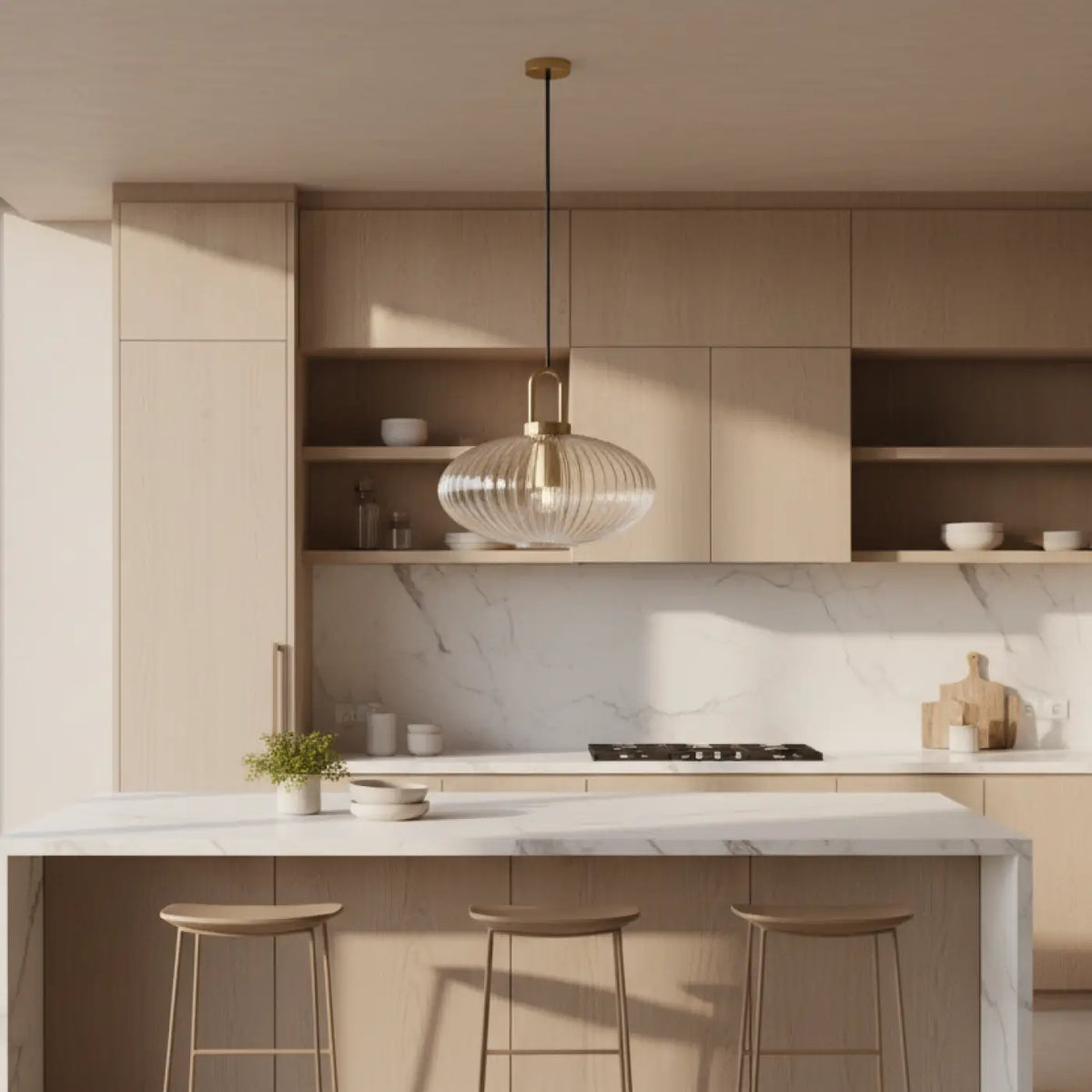 Suspension luminaire cuisine verre strie design
