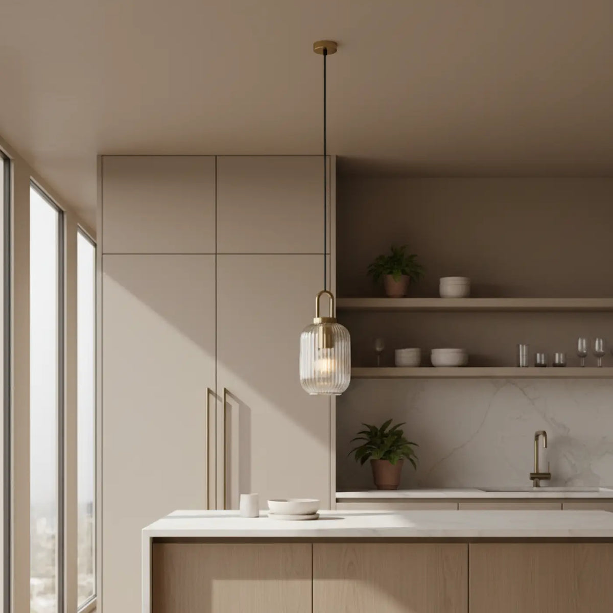 Suspension luminaire cuisine verre strie design