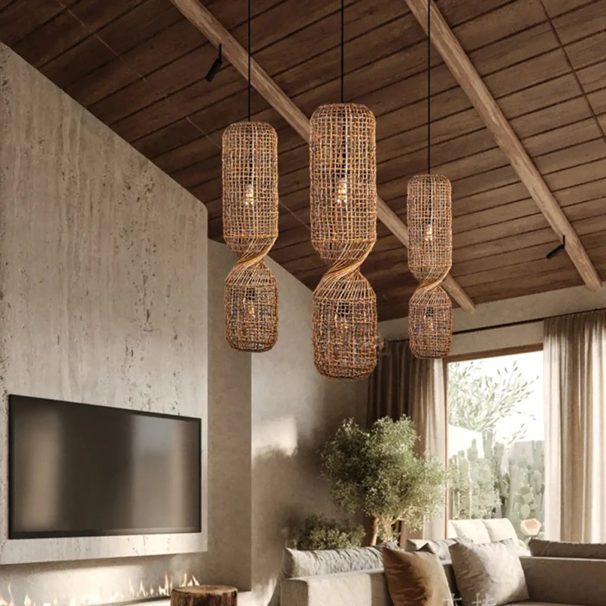 Suspension luminaire rotin torsade salon salle a manger chambre