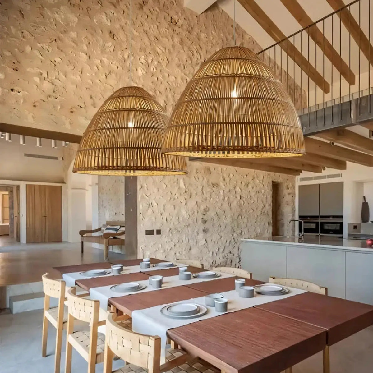 Suspension luminaire salle a manger cuisine bambou tresse