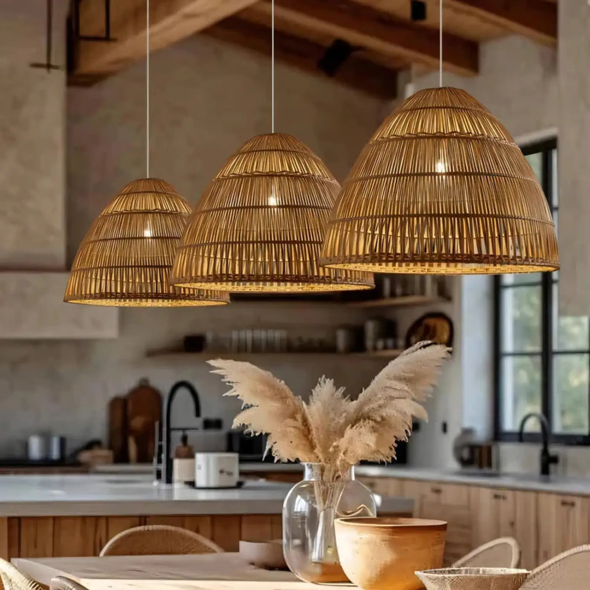 Suspension luminaire salle a manger cuisine bambou tresse