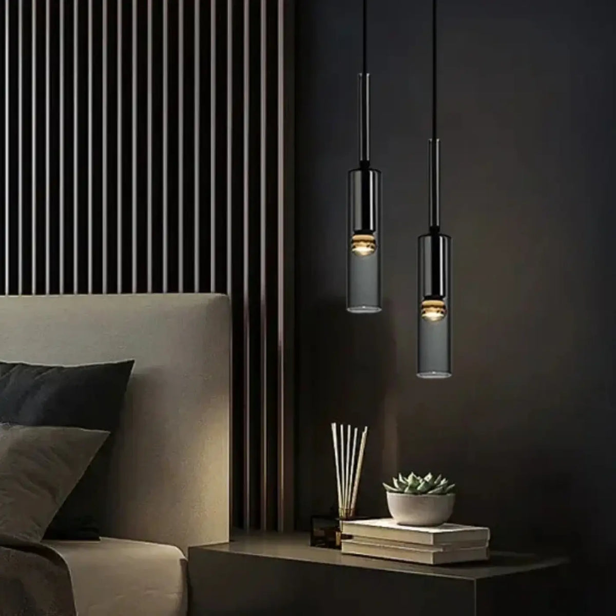 Suspension luminaire salle a manger cylindre verre noir