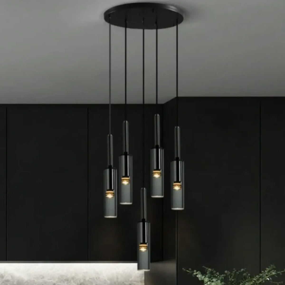 Suspension luminaire salle a manger cylindre verre noir