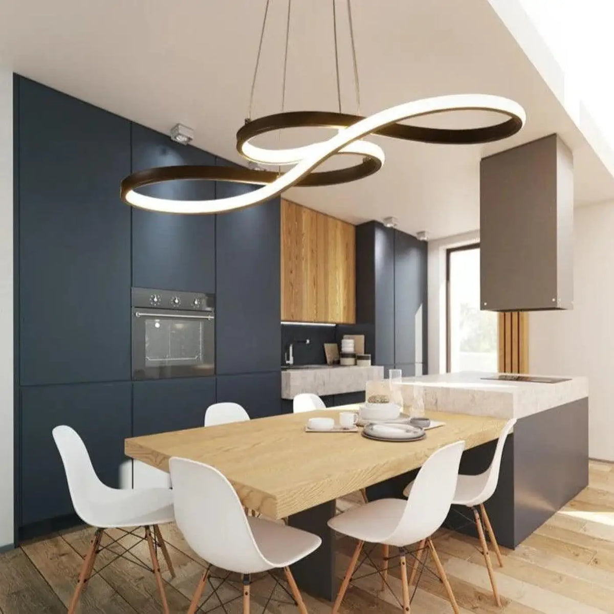 Suspension luminaire salle a manger design courbes LED