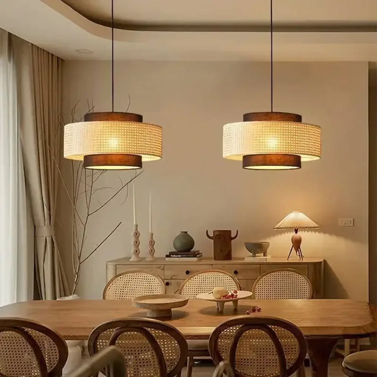 Suspension luminaire salle a manger tambour rotin design