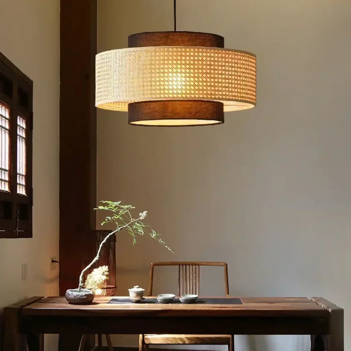 Suspension luminaire salle a manger tambour rotin design