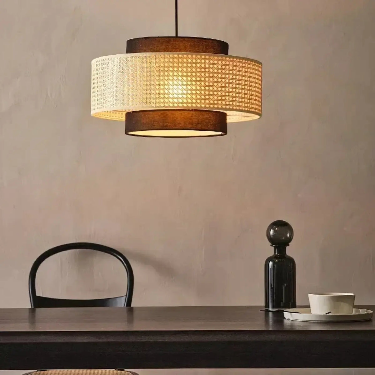 Suspension luminaire salle a manger tambour rotin design