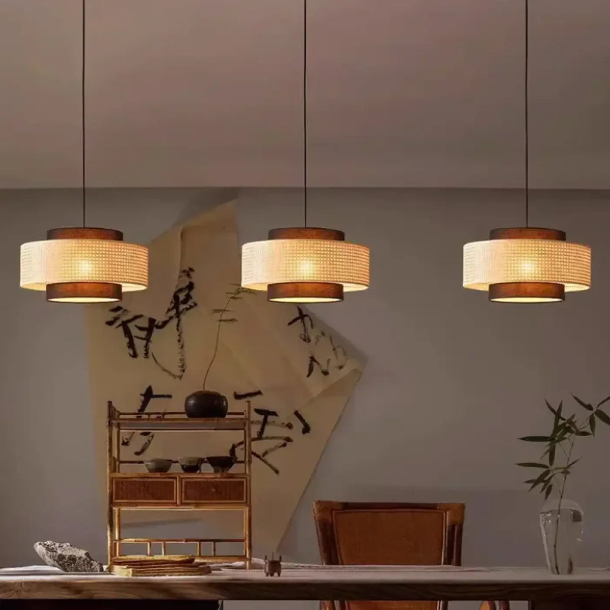 Suspension luminaire salle a manger tambour rotin design