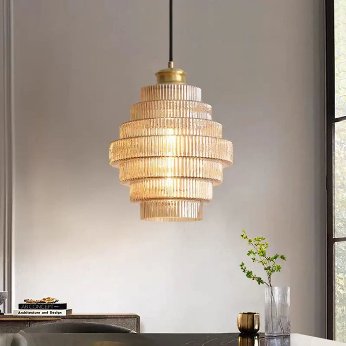Suspension luminaire salle a manger verre strie design