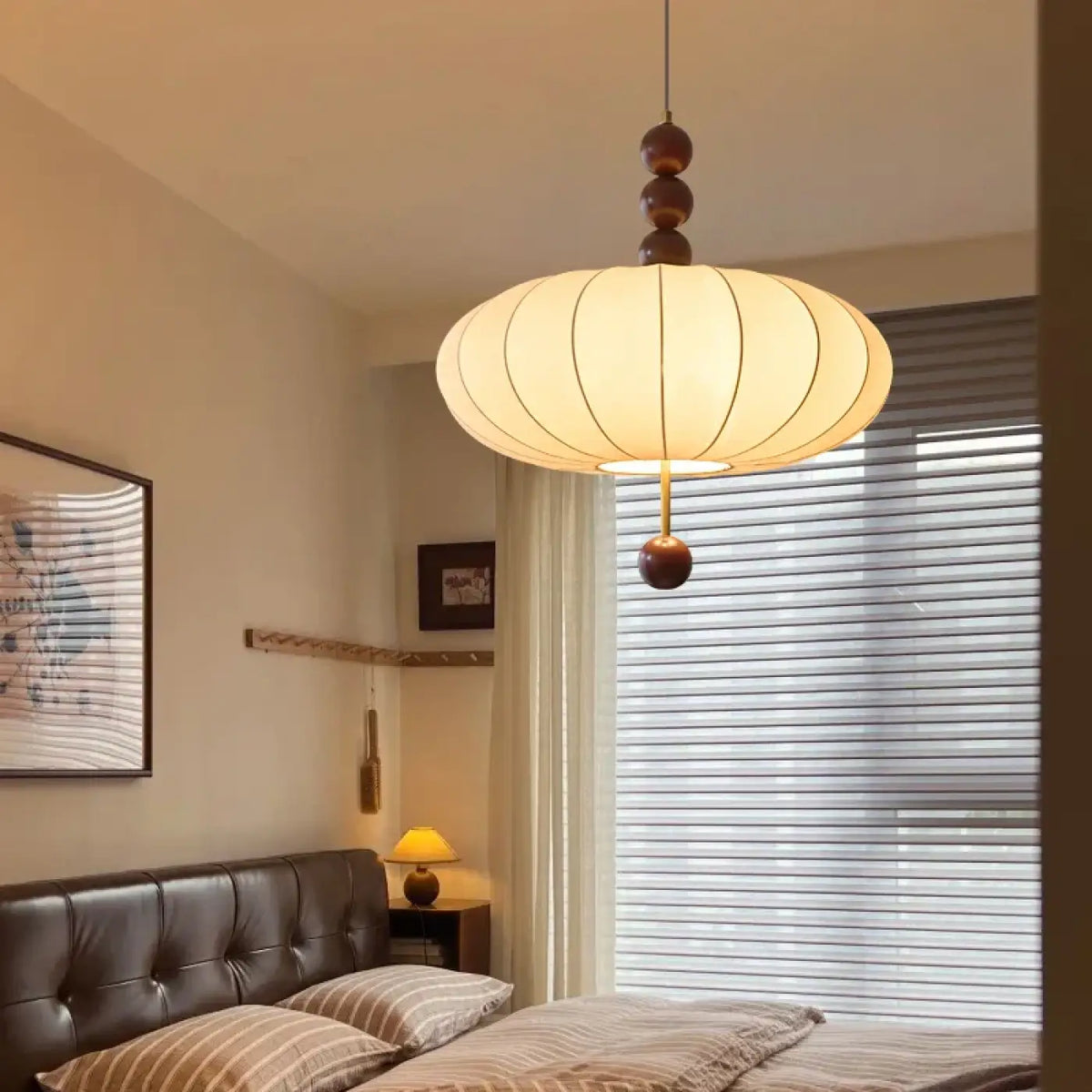 Suspension luminaire salon chambre design tissu bois