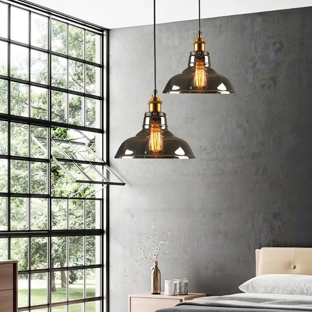 Suspension luminaire salon chambre verre fume design