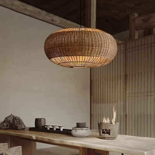 Suspension luminaire salon et salle a manger rotin vintage