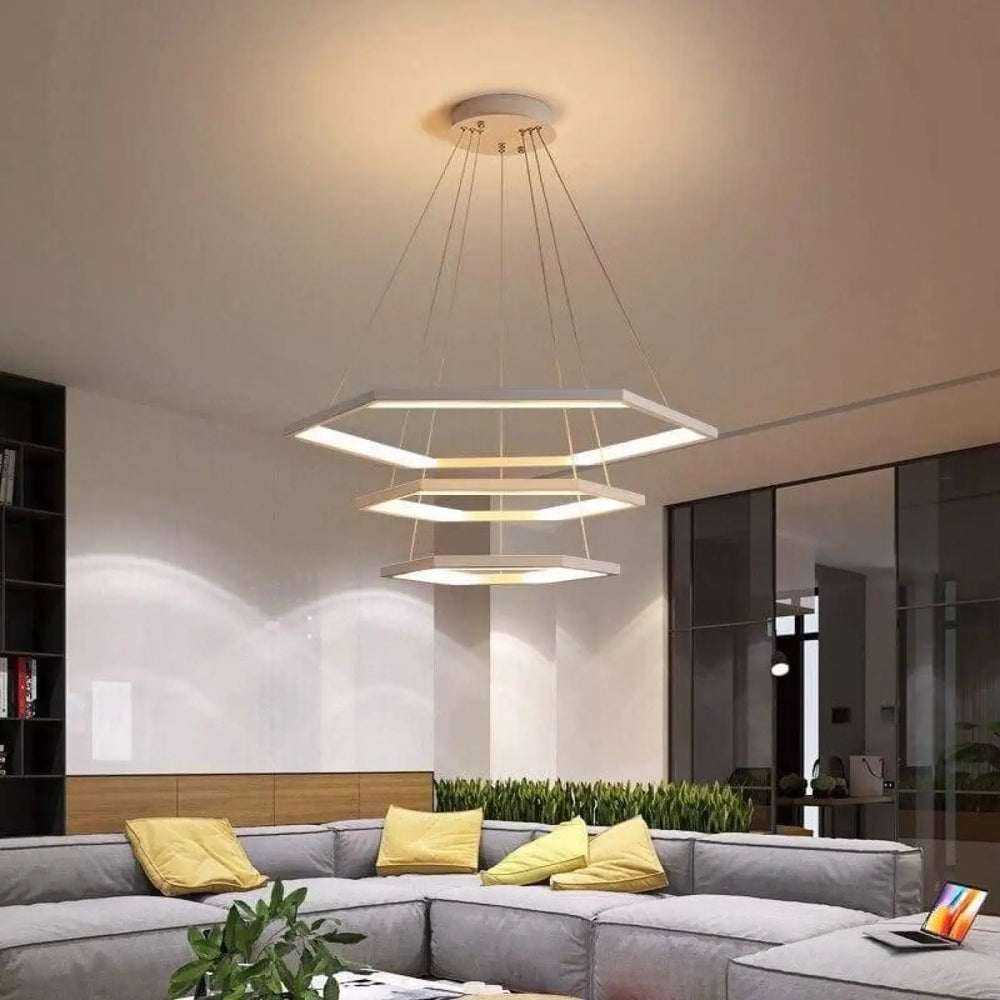 Suspension luminaire salon hexagone noire design