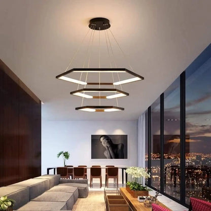 Suspension luminaire salon hexagone noire design