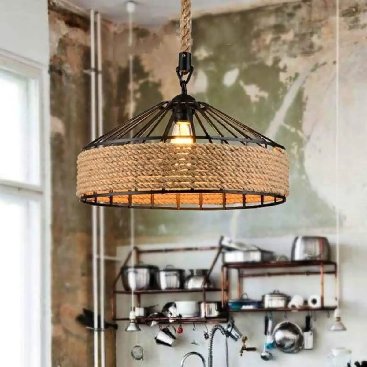 Suspension luminaire salon salle a manger corde metal