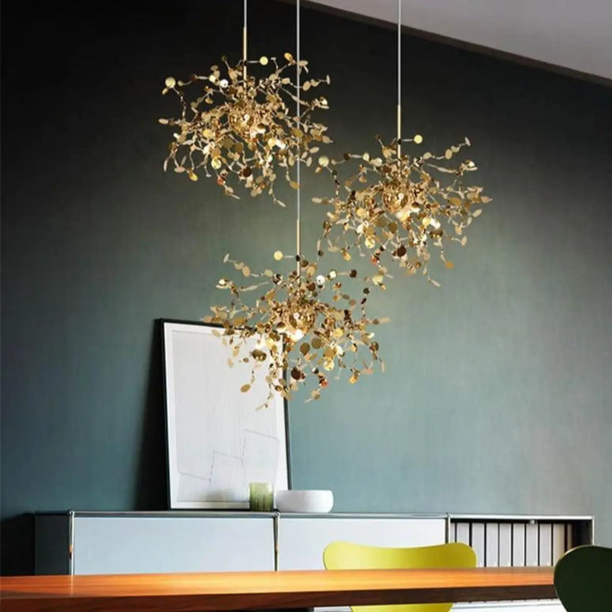 Suspension luminaire salon salle a manger dore filaire