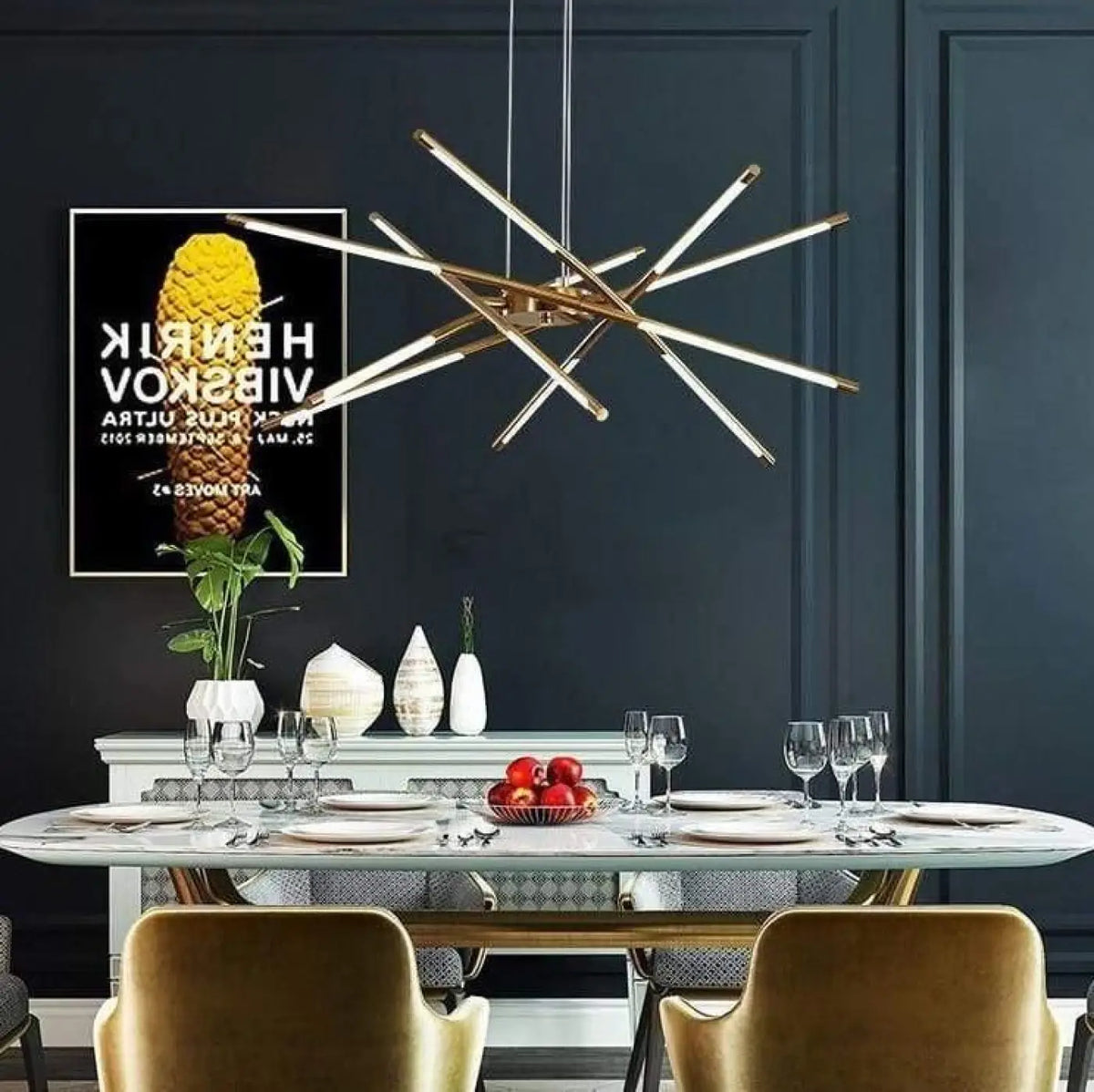 Suspension luminaire salon salle a manger metal dore design
