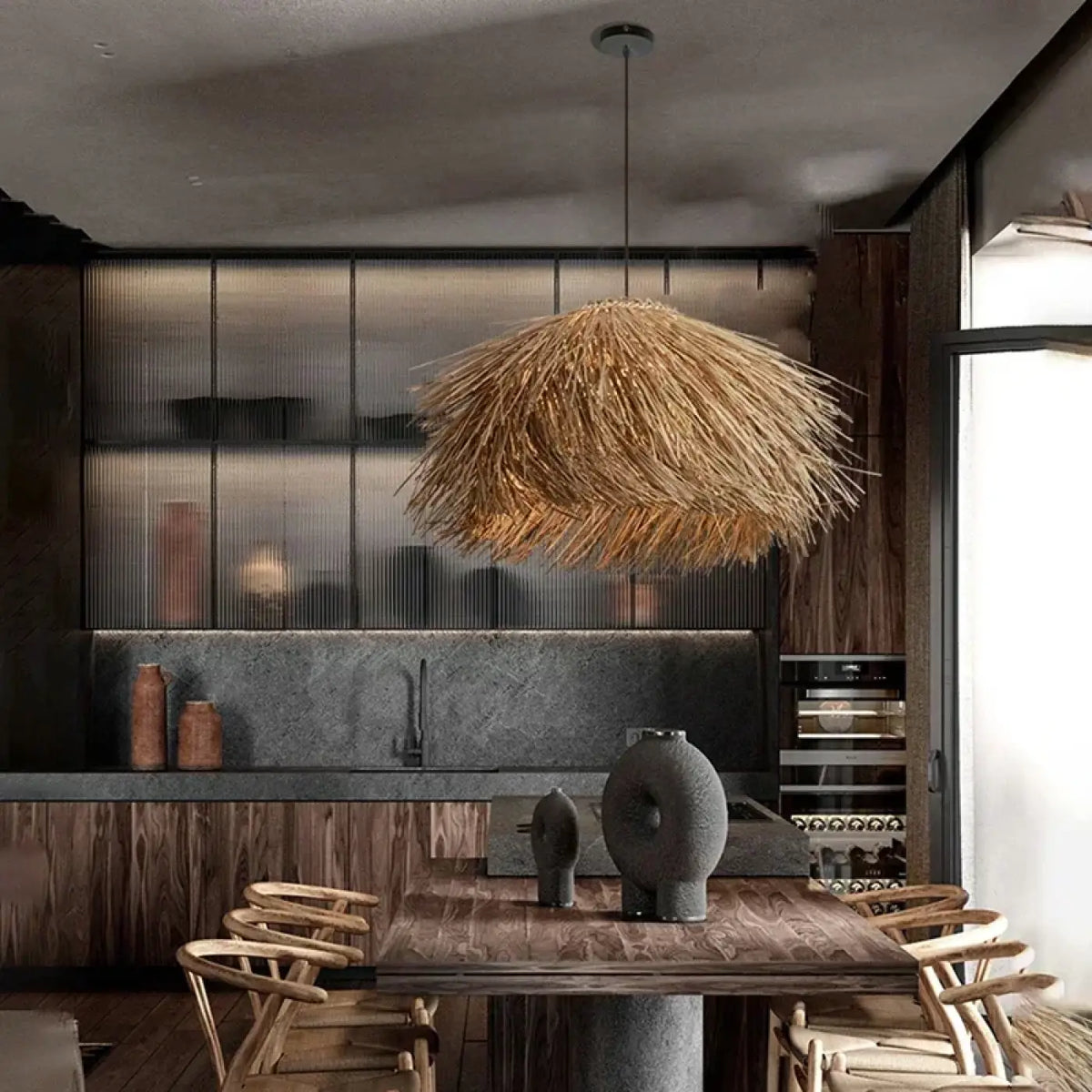 Suspension luminaire salon salle a manger paille boheme