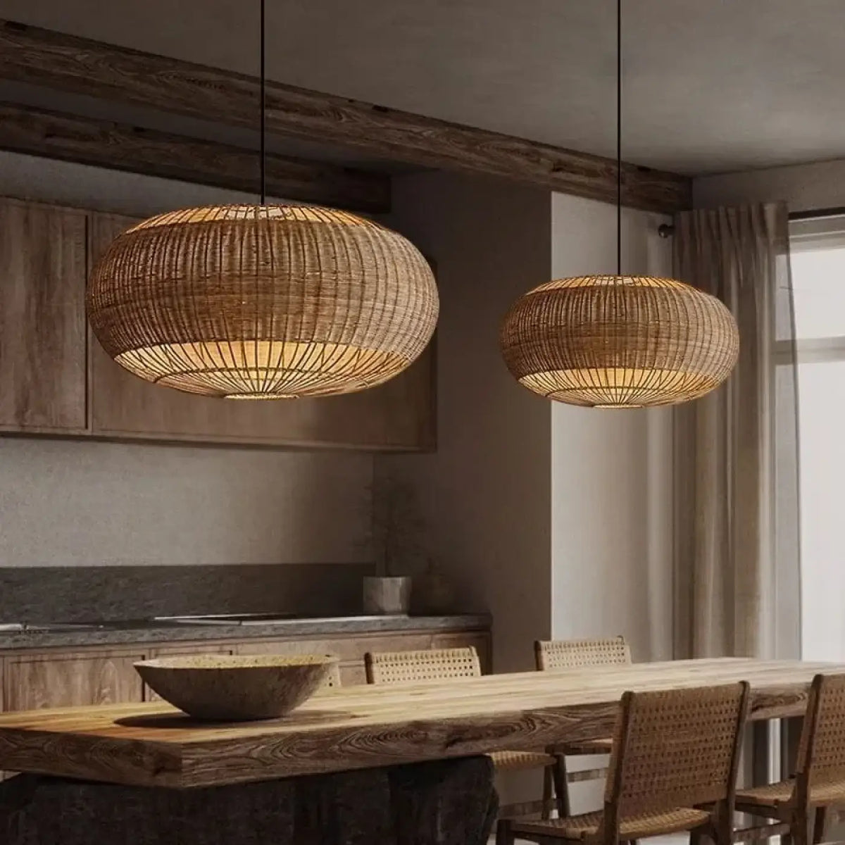 Suspension luminaire salon salle a manger rond en rotin