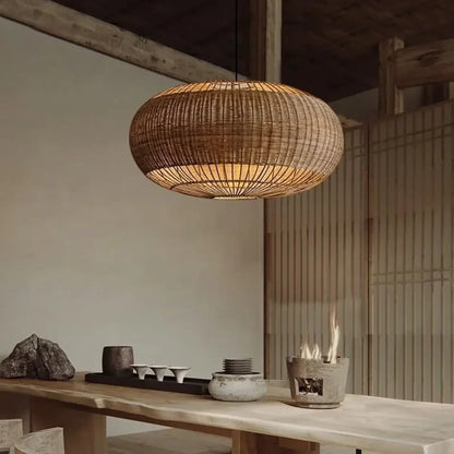 Suspension luminaire salon salle a manger rond en rotin
