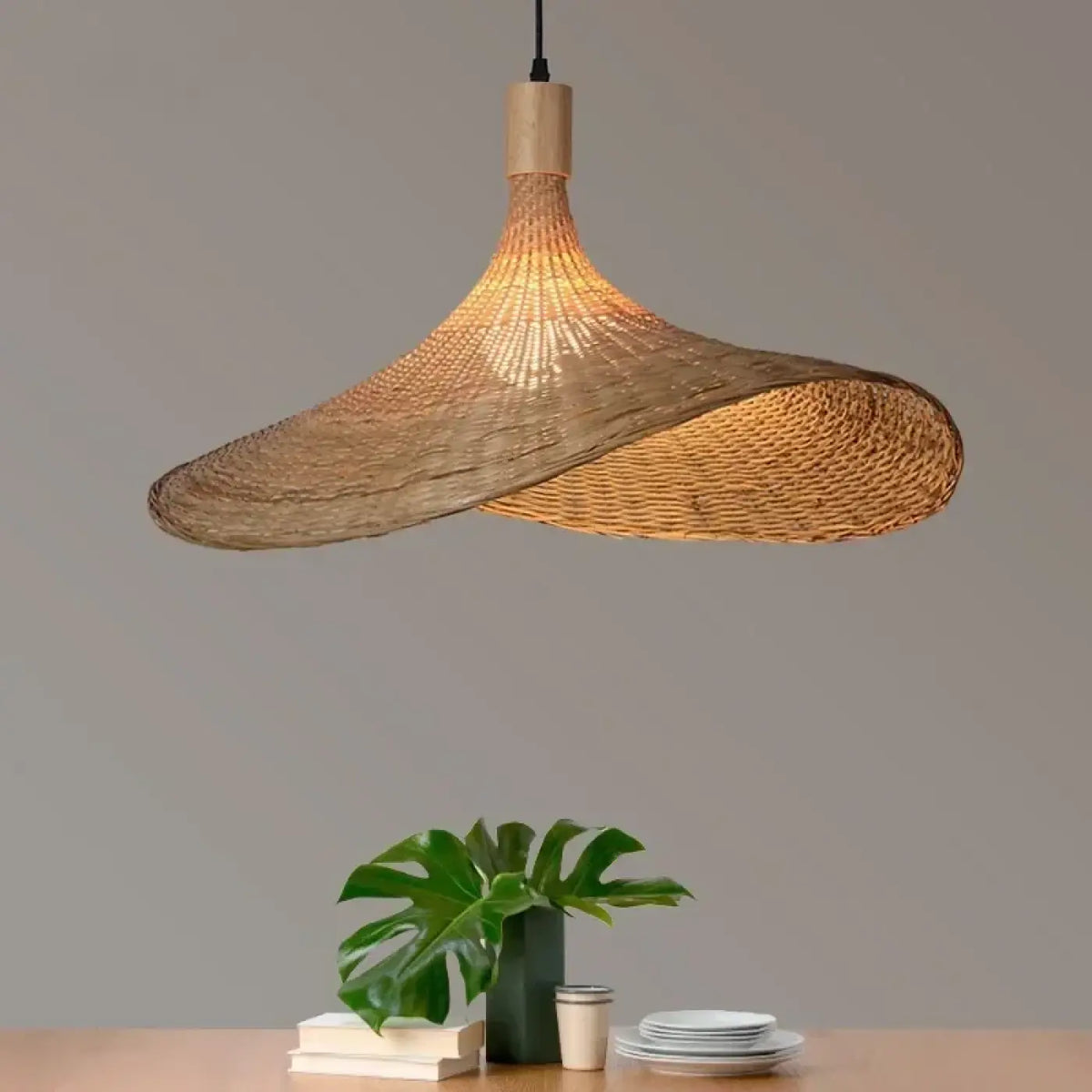 Suspension luminaire salon salle a manger rotin bois