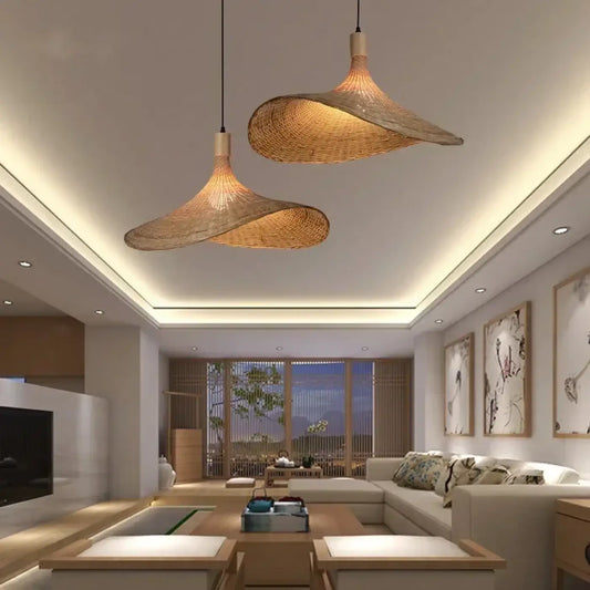 Suspension luminaire salon salle a manger rotin bois