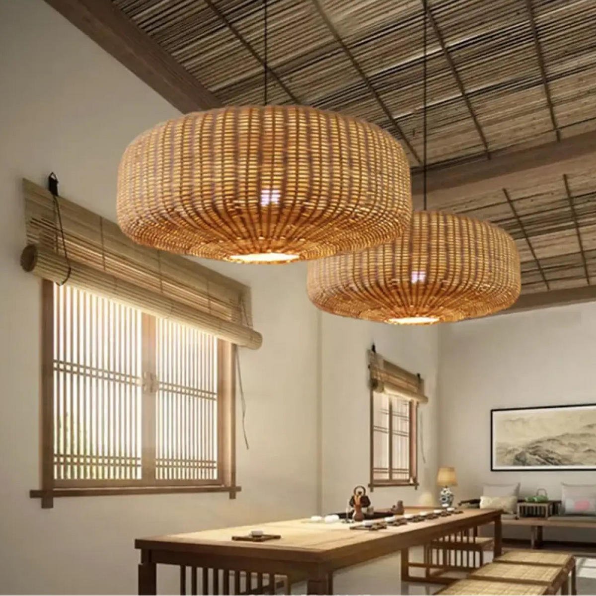 Suspension luminaire salon salle a manger rotin design
