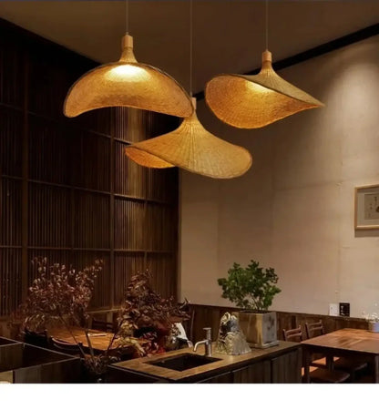 Suspension luminaire salon salle a manger rotin ondule