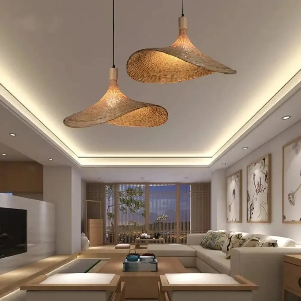 Suspension luminaire salon salle a manger rotin ondule