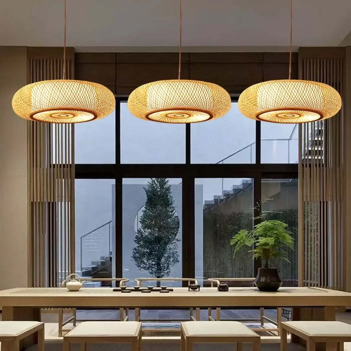 Suspension luminaire salon salle a manger rotin tresse
