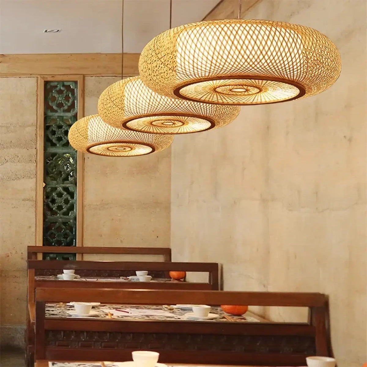 Suspension luminaire salon salle a manger rotin tresse
