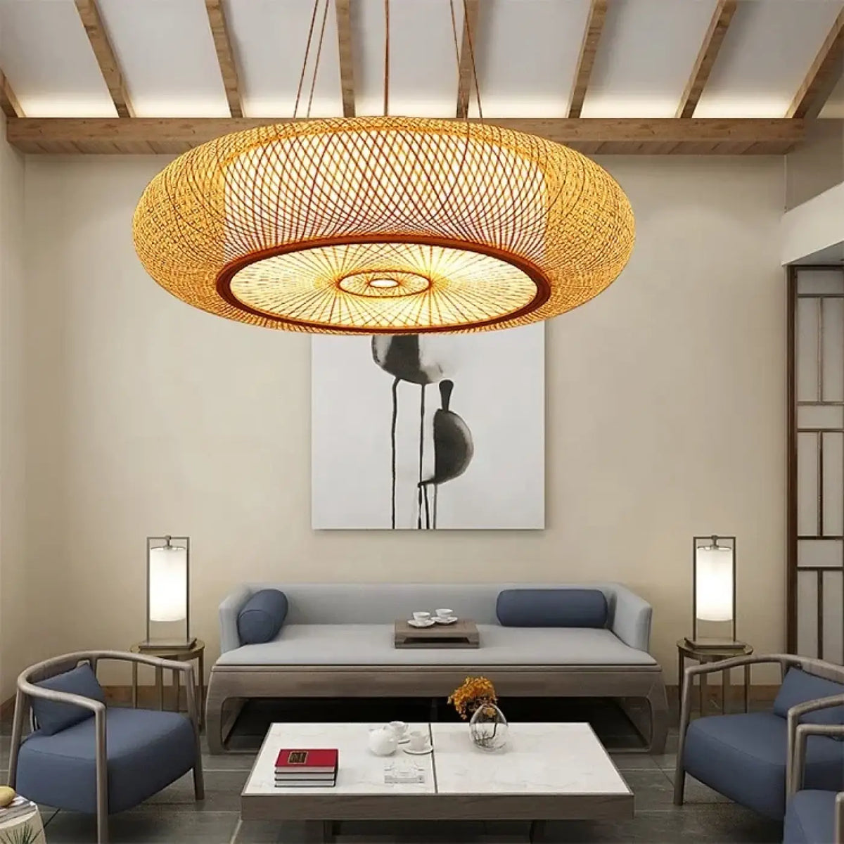 Suspension luminaire salon salle a manger rotin tresse