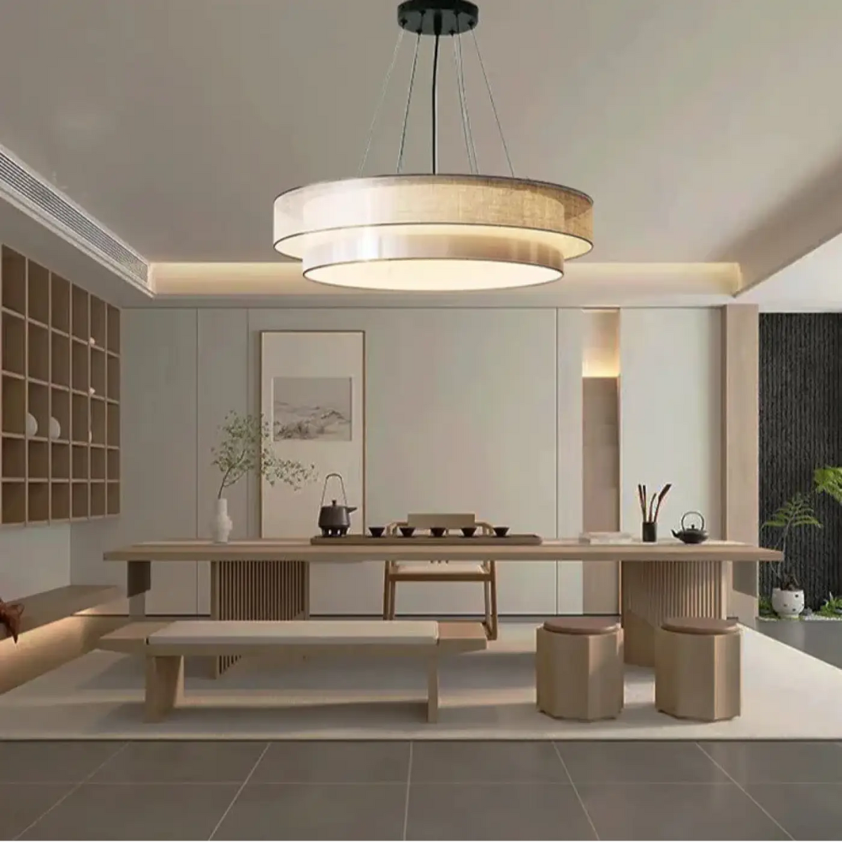 Suspension luminaire salon salle a manger tissu rond